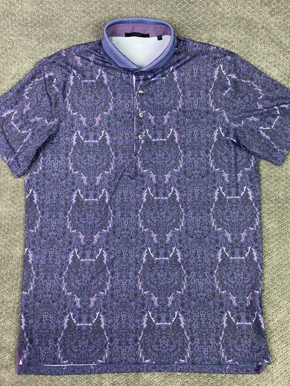 Greyson Polo Shirt Mens Large Purple Golf Performance Wolf All Over Print